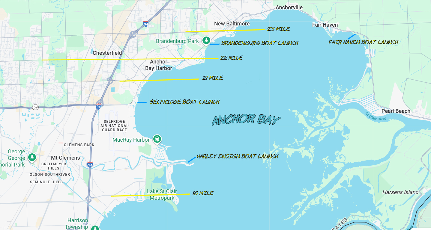 A map of Lake St. Clair's Anchor Bay showing the 